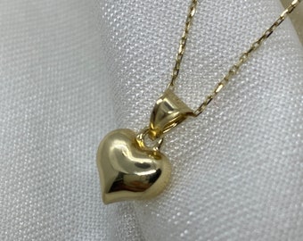 14K Gold Heart Necklace, Small Heart Necklace, Mini 3D Heart Pendant, Puffy Heart Real Gold Charm, Love Pendant Necklace, Gift for Her