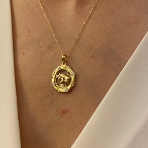 14k Zodiac Necklace,14k Gold Zodiac Charm Necklace,Solid Gold Zodiac Necklace,Custom Zodiac,14k Yellow Gold Bull Taurus Zodiac Sign Charm image 1