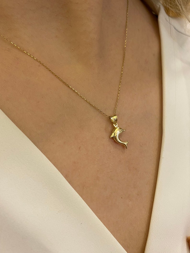 14k Gold Dolphin Necklace, Dolphin Pendant, Surfers Charm, Dolphin Fish Pendant, Valentine's Day Gift, Animal Jewelry, Gift for Her image 4