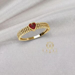 14K Solid Gold Red Heart Ring, Beaded Band Ring with Ruby Red CZ Stone, Handmade Stackable Gold Ring, Minimalist Love Ring, Gift for Her