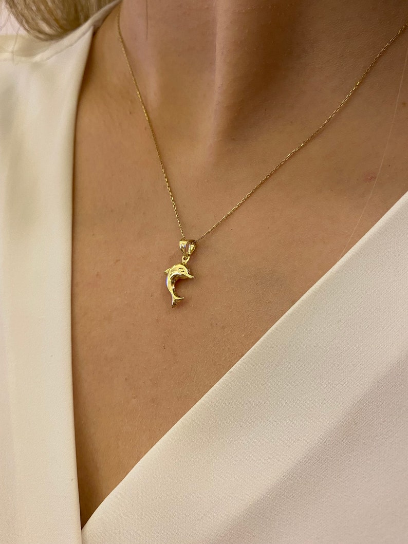 14k Gold Dolphin Necklace, Dolphin Pendant, Surfers Charm, Dolphin Fish Pendant, Valentine's Day Gift, Animal Jewelry, Gift for Her image 3