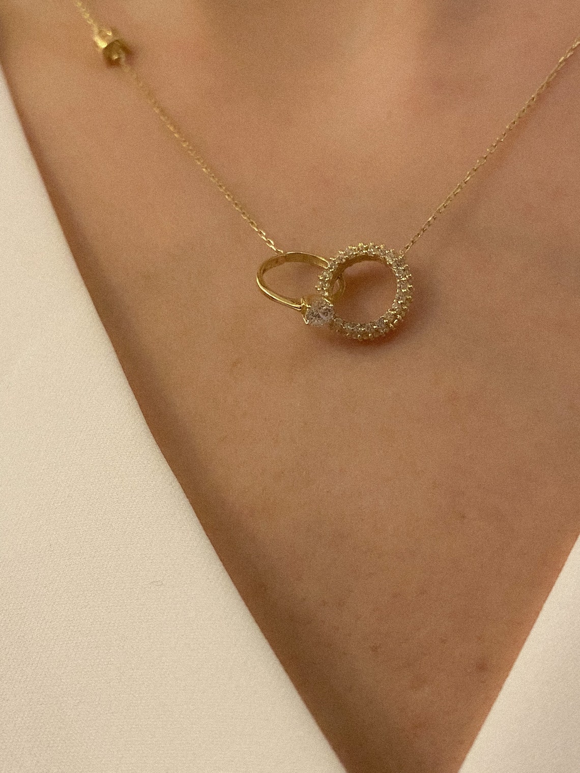 14K Solid Gold Double Ring Infinity Necklace Handmade Custom | Etsy