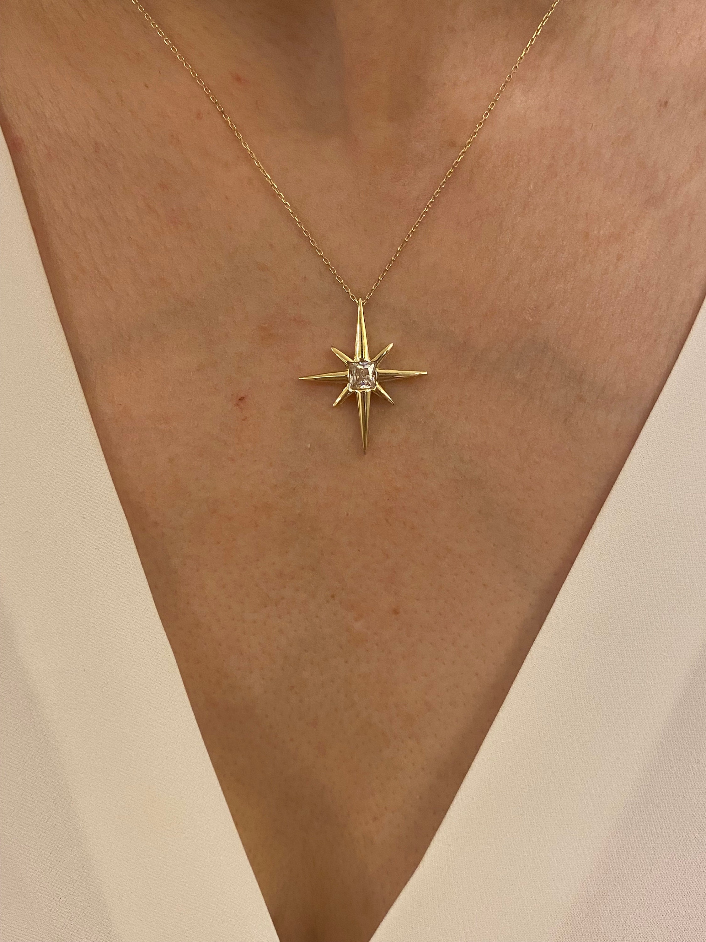 14K Celestial North Star Necklace,real Gold Star Necklace