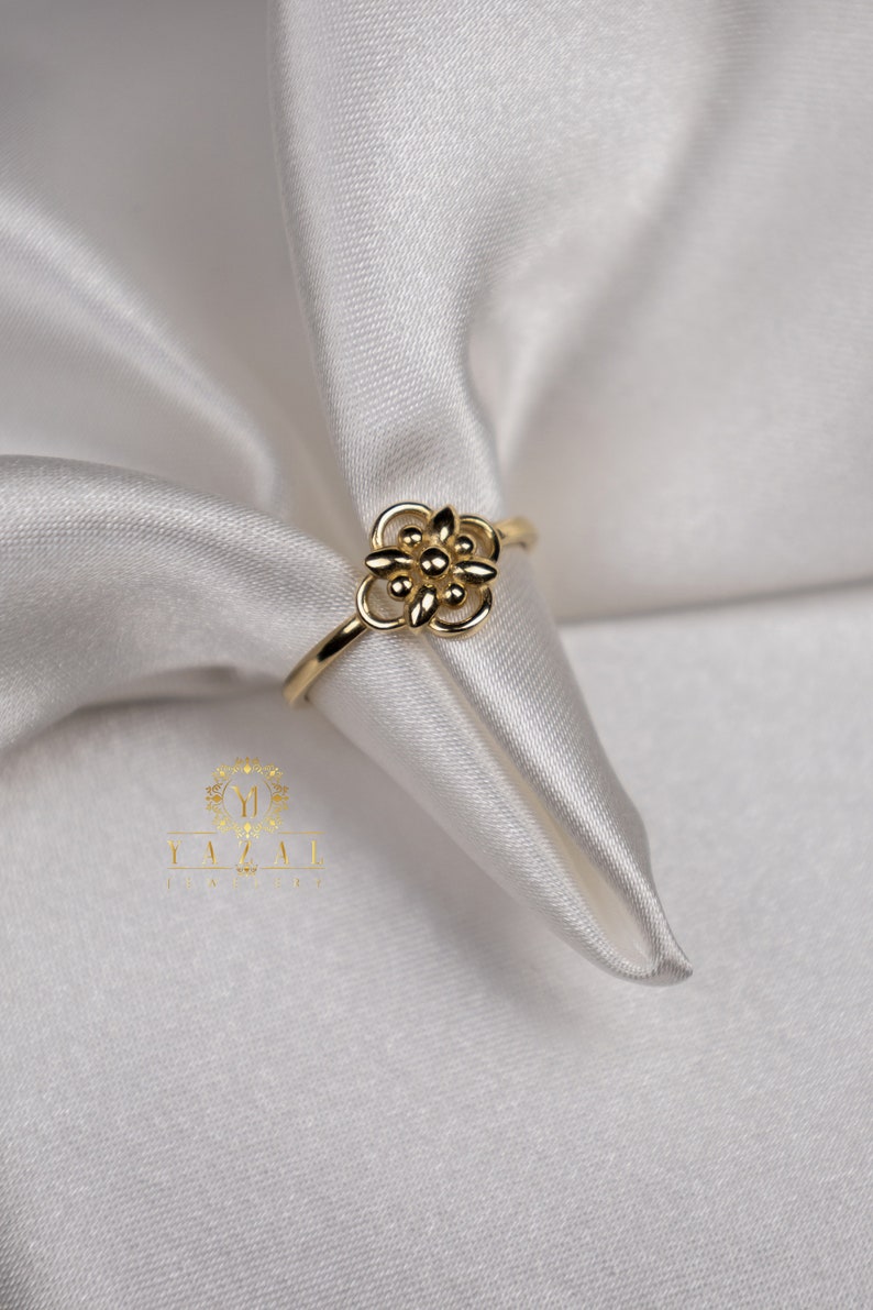 Dainty 14k Yellow Gold Flower Ring With CZ Stones - Milgrain Detail, 1.45mm Band Width, Gift Box Included