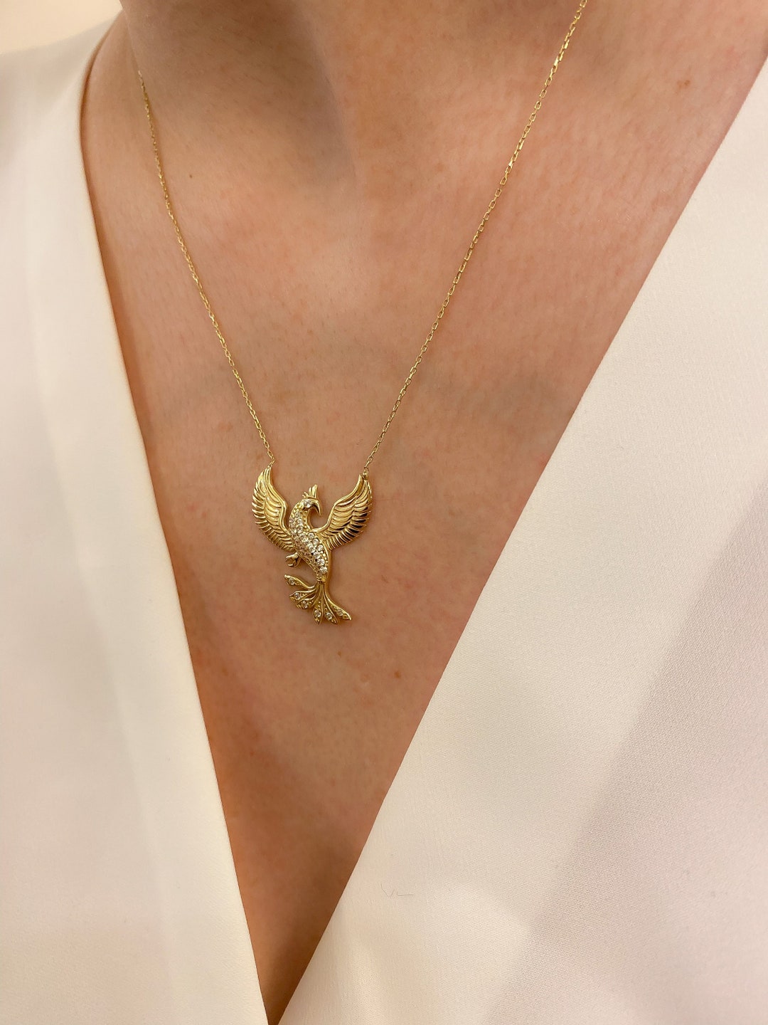 14k Gold Phoenix Necklace, Gold Mythological Creature Pendant