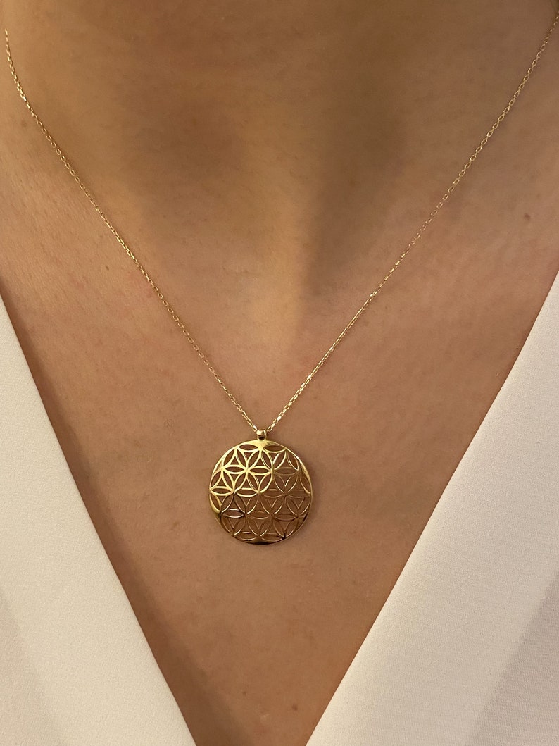 14K Solid Gold Flower of Life Pendant Necklace, Gold Kabbalah Charm, Gold Merkaba Pendant, Handmade Custom Necklace, Gift for her, Gold Art imagem 2