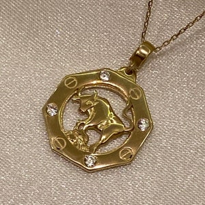 14k Zodiac Necklace,14k Gold Zodiac Charm Necklace,Solid Gold Zodiac Necklace,Custom Zodiac,14k Yellow Gold Bull Taurus Zodiac Sign Charm image 4