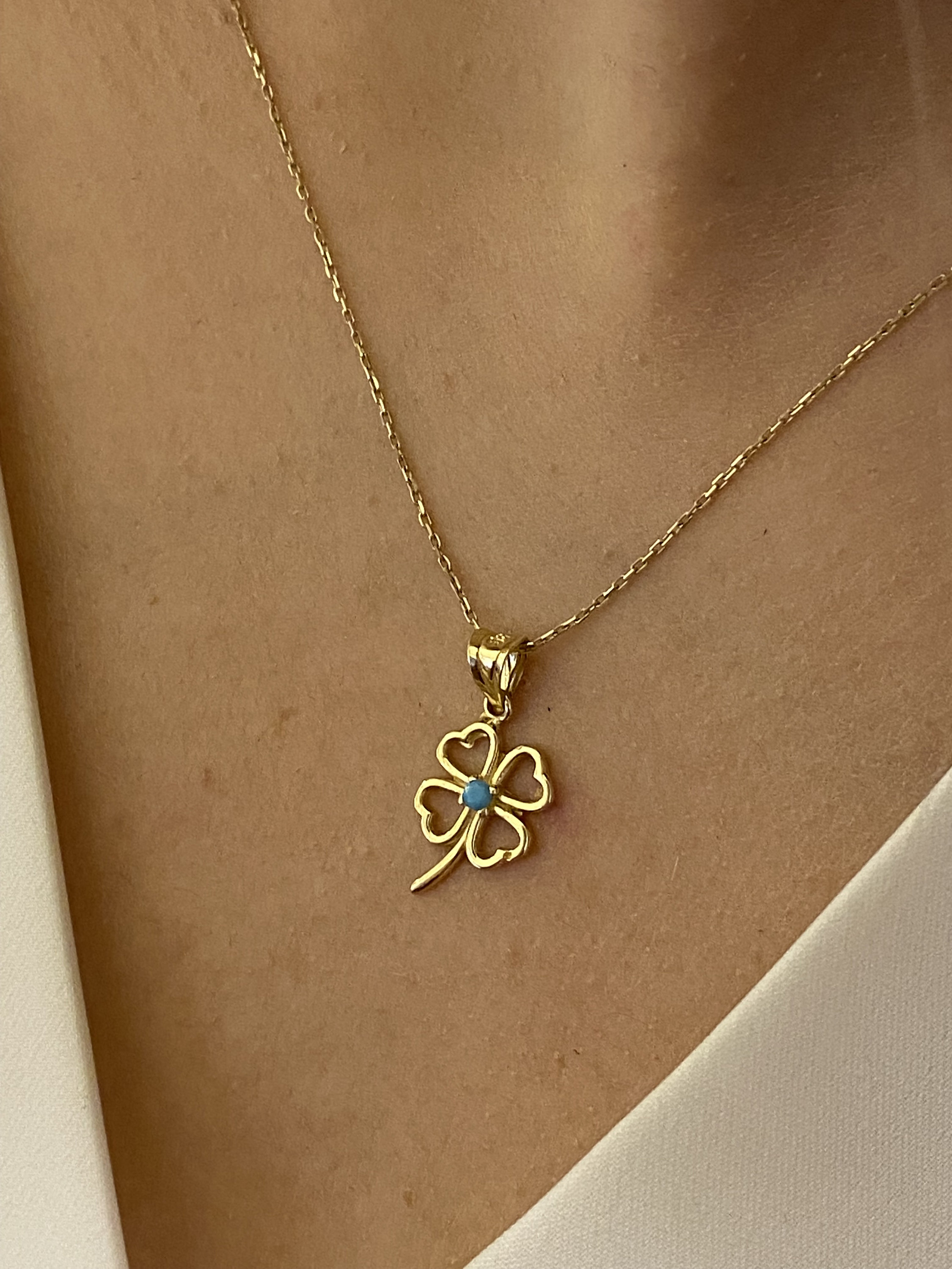 14k Gold Lucky Clover Pendant Necklace, Four-leaf Clover Pendant, Heart ...