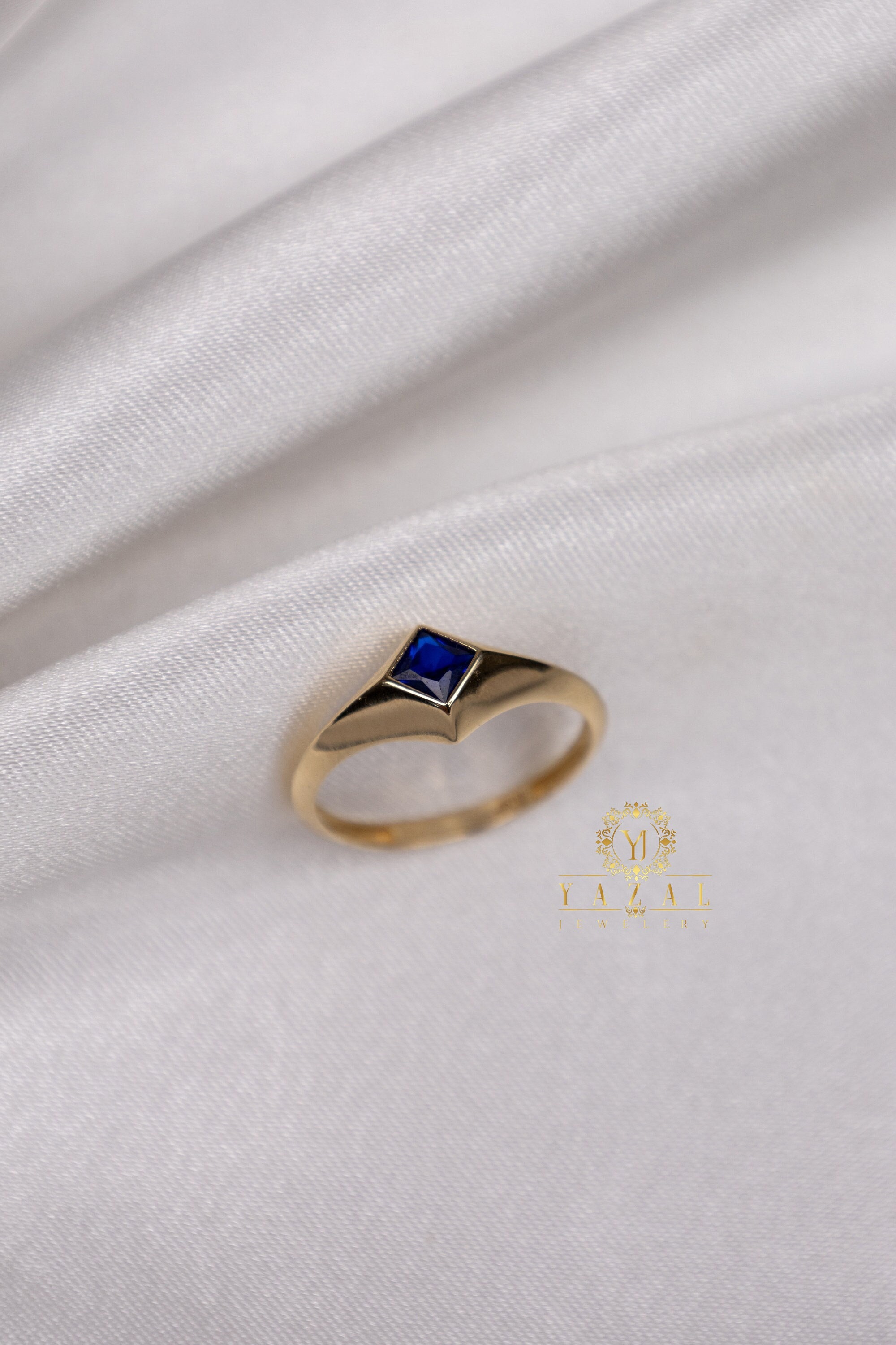 14Kブルージルコンストーンリング、ゴールドネイビーブルーカット