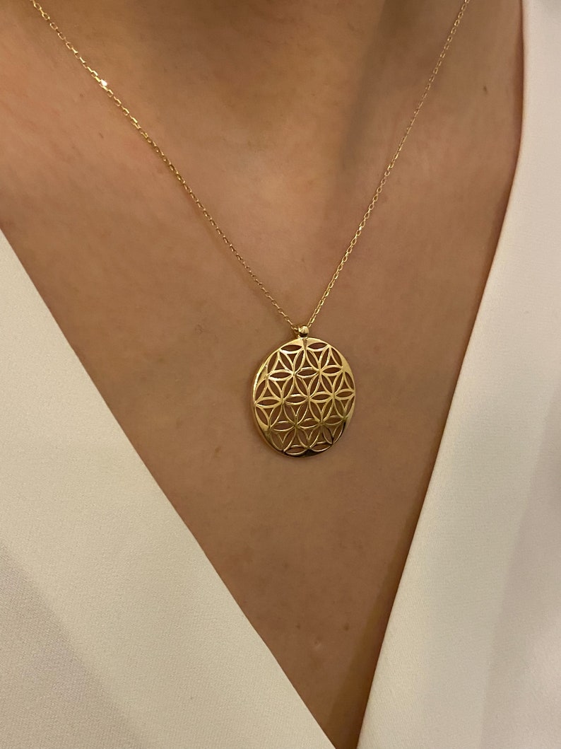 14K Solid Gold Flower of Life Pendant Necklace, Gold Kabbalah Charm, Gold Merkaba Pendant, Handmade Custom Necklace, Gift for her, Gold Art imagem 3