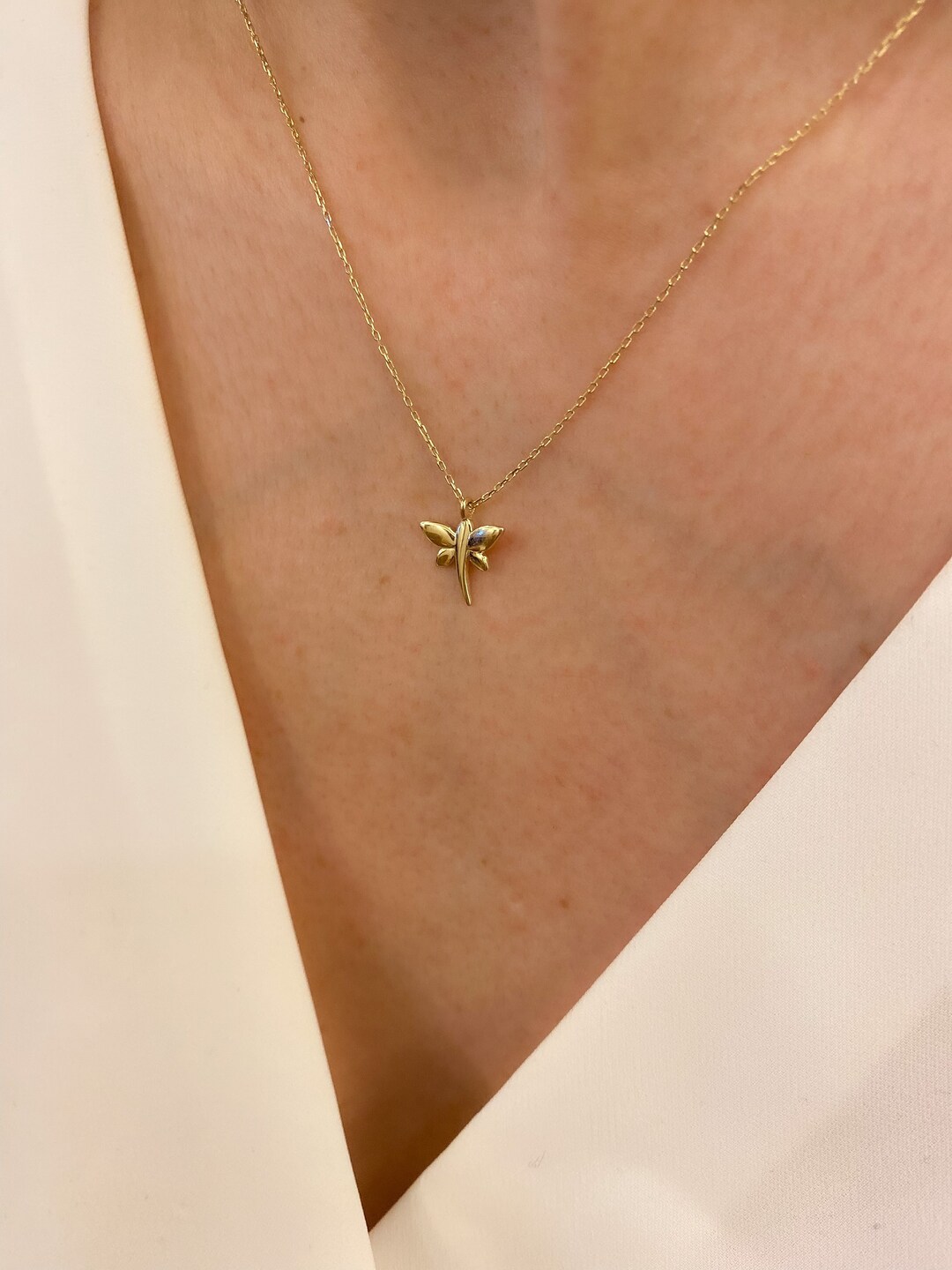 14k Solid Gold Dragonfly Pendant Gold Dragonfly Necklace Etsy