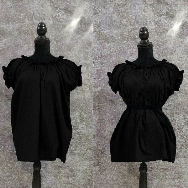 Black Cotton Short Sleeved Chemise Renaissance Gauze Peasant Costume Halloween medieval Gothic Peasant Wench off shoulder Victorian (12)