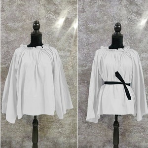 White medieval Long Sleeved Renaissance Chemise Cotton Peasant Shirt Costume Halloween Gothic Victorian Peasant Wench off shoulder (13)