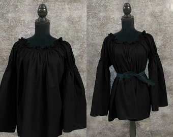 Black Chemise blouse, cotton renaissance peasant, shirt, costume, Halloween medieval Wench off shoulder / Blouse, Cotton Gauze, Peasant (3)