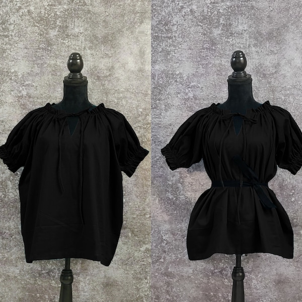 Black Short Sleeved Chemise Cotton Gauze Peasant Renaissance Costume Halloween medieval Gothic  Peasant Wench off shoulder Victorian (7)
