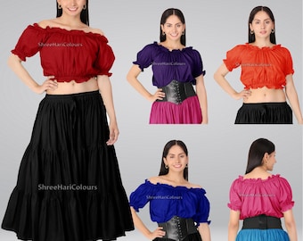 Cropped Top Chemise Blouse Bohemian Shirt Pirate Wench Medieval Peasant / Blouse Cotton Gauze Peasant / Cropped Top / 36 Colors  (1)