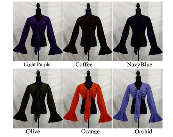 thumbnail interactive-video image 1 of Belly Dance Tie Top Flair Wrap Choli – Gypsy Orientale Danse Blouse – 25 Colors – Chiffon 1 of 4