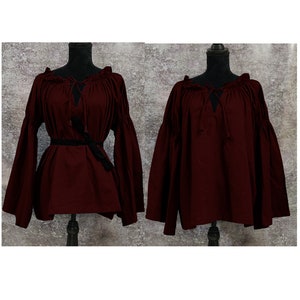 Burgundy Long Sleeved Chemise Cotton Gauze Peasant Renaissance Costume Halloween medieval Gothic  Peasant Wench off shoulder Victorian (6)