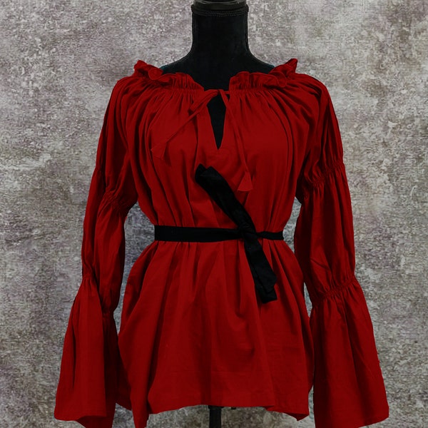 Red renaissance costume Chemise blouse cotton peasant shirt  Halloween medieval Wench off shoulder /  Blouse Cotton Gauze Peasant (9)