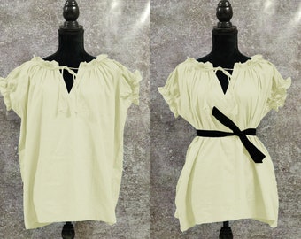 May include: Two off-white peasant tops with short sleeves and a gathered neckline. The top on the right has a black ribbon tied around the waist.