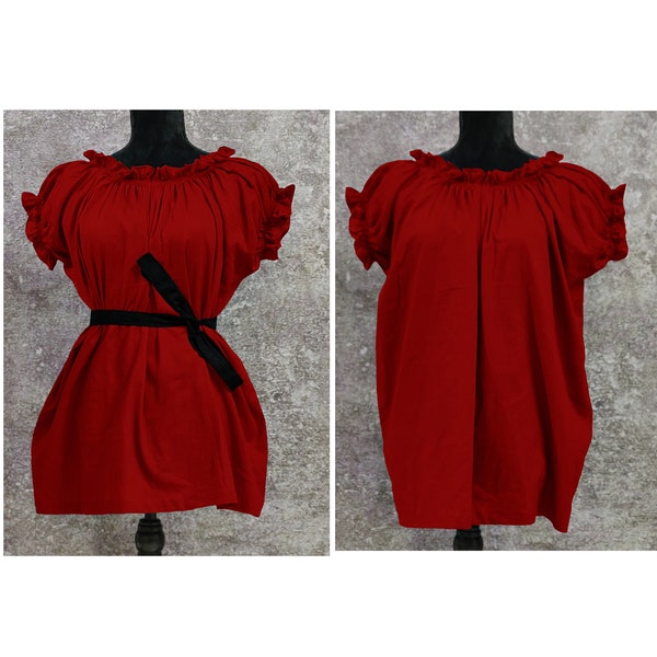 Red Cotton Short Sleeved Chemise Renaissance Gauze Peasant Costume Halloween medieval Gothic Peasant Wench off shoulder Victorian (12)