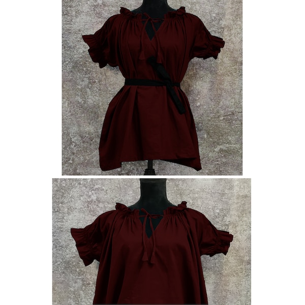 Burgundy Short Sleeved Renaissance Costume Chemise Cotton Gauze Peasant  Halloween medieval Gothic  Peasant Wench off shoulder Victorian (8)