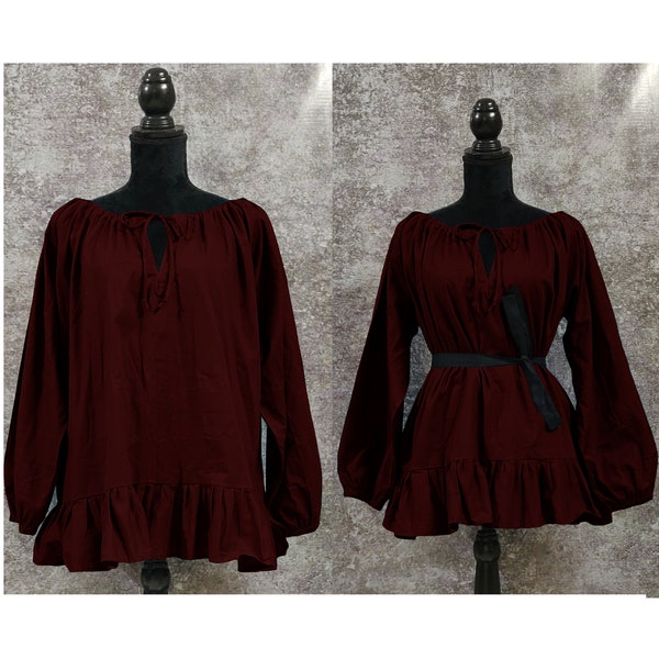 Burgundy Long Sleeved Renaissance Peasant Cotton Gauze Chemise Shirt Costume Blouse Pirate Medieval Peasant Steampunk Bell Sleeve Off (15)