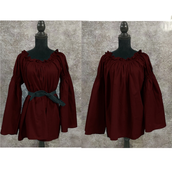 Burgundy Chemise blouse, cotton renaissance peasant, shirt, costume, Halloween medieval Wench off shoulder /Cotton Gauze, Peasant (3)