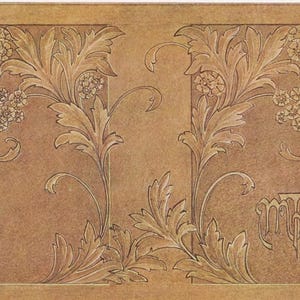 May include: A sepia-toned illustration featuring symmetrical floral and leaf patterns. The design includes stylized leaves, small flower clusters, and a decorative monogram in the lower right corner. The artwork has a vintage aesthetic.