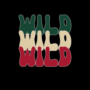 May include: A graphic design on a black background features the word "WILD" stacked three times. The word is rendered in a retro font with a white outline. The top word is dark green, the middle is beige, and the bottom is red.