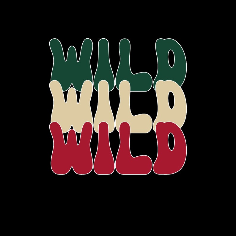 May include: A graphic design on a black background features the word "WILD" stacked three times. The word is rendered in a retro font with a white outline. The top word is dark green, the middle is beige, and the bottom is red.