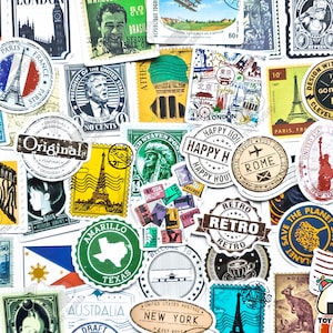 Lot de 45 autocollants « Mail Stamps » | Autocollants pour timbres | Autocollants de voyage | Cadeaux de voyage | Stickers bagages | autocollants vintage | Cadeaux souvenirs