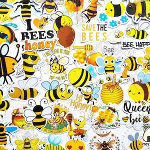 Può includere: Una collezione di adesivi colorati a tema api con vari disegni e motti, tra cui "Amo le api e il miele", "Salviamo le api", "Sii felice come un'ape" e "Regina delle api".