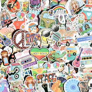 Stickerpakket 'hippie'-thema van 100 stuks | Vredessticker | Boho-decor | Gitaarsticker | Hippiedecoratie | Boho | Hobonichi-stickers | Vredesteken