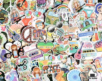 100 pcs "Hippie" Theme Sticker Pack | Peace Sticker | Boho Decor | Guitar Decal | Hippie Decor | Bohemian | Hobonichi stickers | Peace Sign