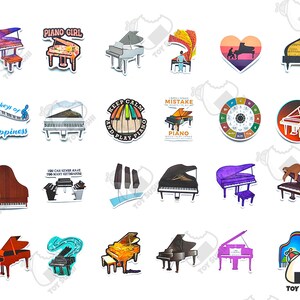 May include: A collection of 20 colorful piano-themed stickers. The stickers feature various designs, including a piano with a galaxy design, a piano with a mountain scene, a piano with a sloth, and a piano with a heart shape. The stickers also include text such as "Piano Girl", "The keys of Happiness", "Keep Calm and Play Piano", and "I Don't Make Mistakes I Just Play Piano".