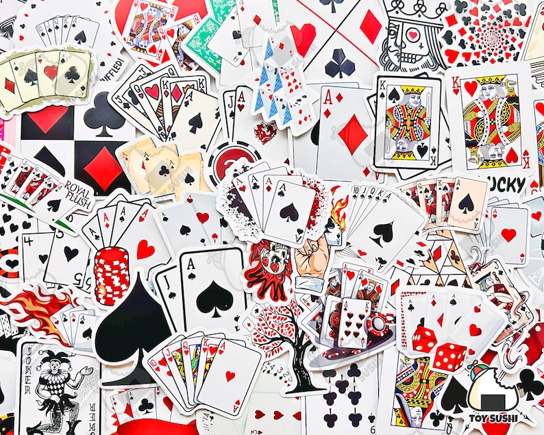 May include: A collection of colorful playing card stickers featuring various suits, face cards, and numbers. The stickers are arranged in a random pattern, creating a visually appealing collage.