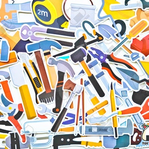 50 Stück "Toolbox" Sticker Pack | Schutzhelm | Handy Man | Hot Rod | Schraubenschlüssel | Kindergarten Lehrer Werkzeugkasten | Konstruktion | Werkstatt-Werkstatt