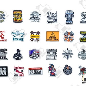 May include: A collection of 20 colorful stickers featuring various designs related to diesel mechanics. The stickers feature phrases like "Diesel Mechanics Have Bigger Tools", "My Blood Type is Diesel", and "Real Men Smell Like Diesel".