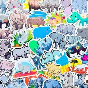 50 pcs &quot;Rhinoceros&quot; Sticker Pack | Rhino Gifts | Rhino Party | Animal Lovers Gift | Safari Decor | African Animals | Rhino Vinyl Decals