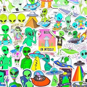 Paquete de pegatinas &quot;Hippie Alien&quot; de 50 piezas / ET / Pegatinas OVNI / Pegatinas Galaxy / Pegatinas espaciales / Ciencia ficción / Universo / Sistema Solar