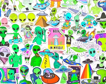 50 pcs "Hippie Alien" Stickers Pack | ET | UFO Stickers | Galaxy Stickers | Space Stickers | Science Fiction | Universe | Solar System