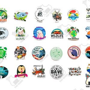 May include: A collection of 20 colorful round stickers with various animal and nature-themed designs. The stickers feature phrases like "Protect the Wildlife", "Save the Orcas", "Protect Not Poach", and "Save the Animals".