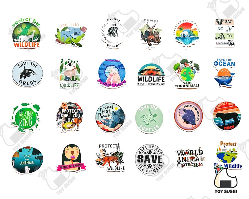 May include: A collection of 20 colorful round stickers with various animal and nature-themed designs. The stickers feature phrases like "Protect the Wildlife", "Save the Orcas", "Protect Not Poach", and "Save the Animals".