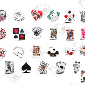 May include: A collection of 20 colorful stickers featuring playing cards, hearts, and other symbols. The stickers are perfect for adding a touch of whimsy to laptops, water bottles, or journals.