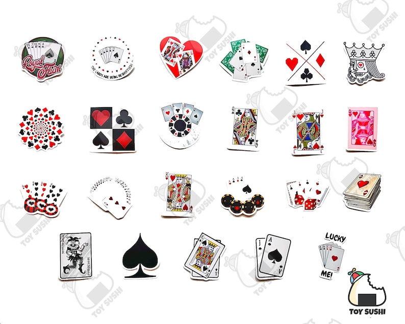 May include: A collection of 20 colorful stickers featuring playing cards, hearts, and other symbols. The stickers are perfect for adding a touch of whimsy to laptops, water bottles, or journals.