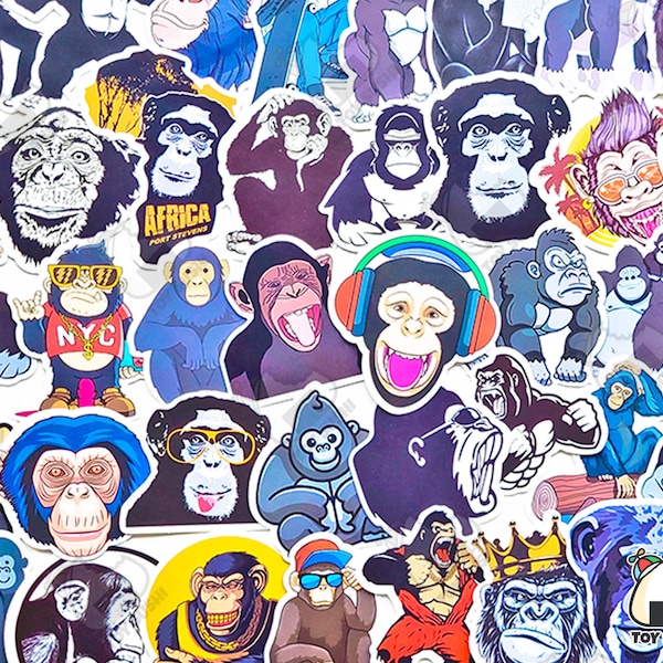 50 Stück "Monkey" Sticker Pack | Schimpanse | Affe Baby Shower | Tierliebhaber Geschenk | Gorilla | Dschungel Afrika| Tierkunst | Schimpanse Poster