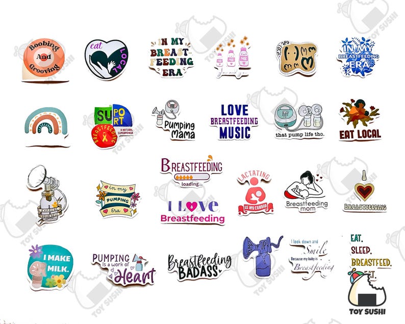 May include: A collection of colourful stickers with various designs and text related to breastfeeding. The stickers feature phrases like "Boobing and Grooving", "In My Breastfeeding Era", "Love Breastfeeding Music", "Pumping Mama", "Breastfeeding Badass", and "Eat Sleep Breastfeed".