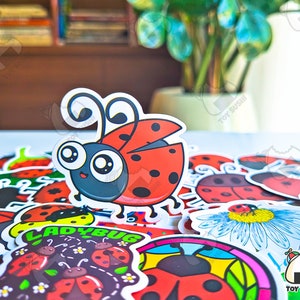 May include: A collection of ladybug stickers with various designs, including a cartoon ladybug with big eyes and a ladybug with a daisy. The stickers are printed on white paper and have a glossy finish.