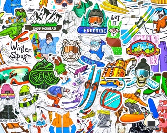 50 pcs &quot;Skiing&quot; Sticker Pack | Winter Sports | Ski | Snowboard Stickers | Downhill skiing | Cross Country | Alpine | Gift for Him